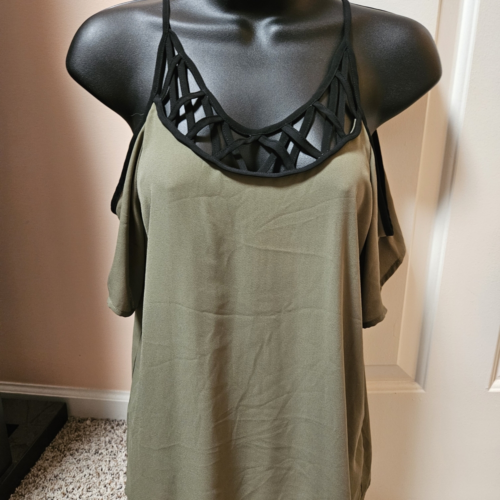 New York & Company Olive Cold Shoulder Top with Black Details